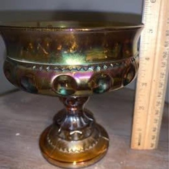 Vintage Indiana Glass Kings Crown Amber Iridescent Carnival Glass Pedestal Compo - Picture 2 of 4